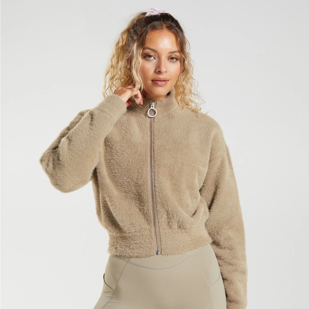 Whitney Simmons Gymshark Tan Teddy Jacket with High Collar